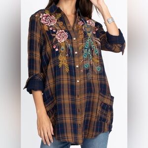 Johnny Was Workshop Quito Painters Smock Plaid Peacock Tunic